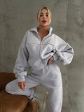 Women's Casual Loose Sweatshirt Set Contrast Piping Detail Zip Up Stand Collar Hoodie And Jogger Pants Two Piece Tracksuit Loungewear Activewear For Women
