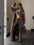 Women 3 Piece Set Plaid Long Sleeve Maxi Shirt Cardigan Bandeau Top And Faux Leather Lace Up Wide Leg Pants Chic Streetwear Casual Outfits