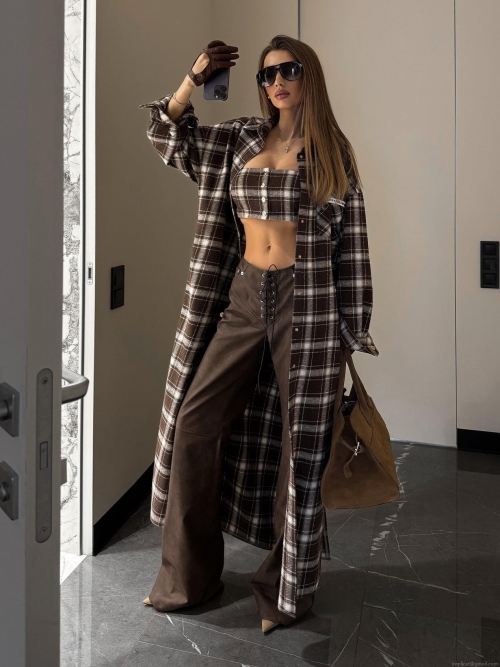 Women 3 Piece Set Plaid Long Sleeve Maxi Shirt Cardigan Bandeau Top And Faux Leather Lace Up Wide Leg Pants Chic Streetwear Casual Outfits