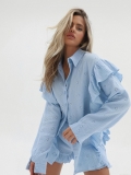 Women's Casual Linen Blend Two-Piece Set Featuring Hollow-Out Floral Embroidery Long Sleeve Ruffle Shirt and Matching Shorts Summer Streetwear Outfit