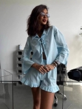 Women's Casual Cotton Linen Two Piece Set Long Sleeve Tie-Front Lapel Blouse and Ruffle Hem Shorts Loose Loungewear Summer Streetwear Outfit