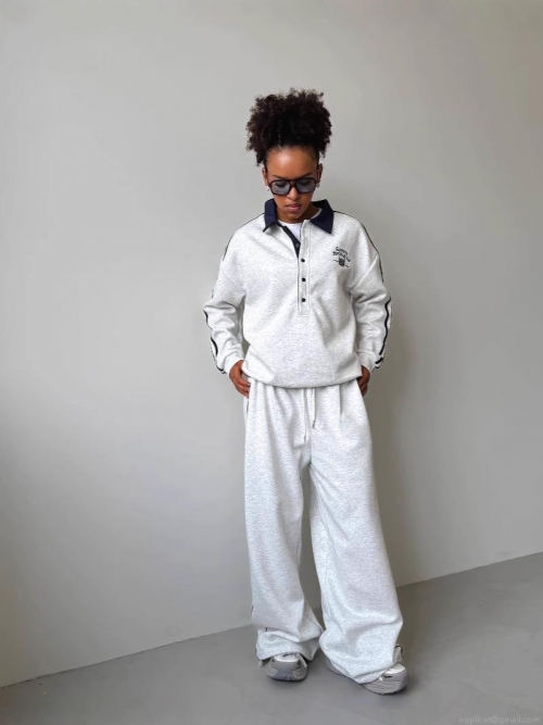 Women American Street Style Loose Sweatshirt Set Cotton Blend Embroidery Polo Collar Long Sleeve Pullover With Wide Leg Pants Two-Piece Casual Tracksuit