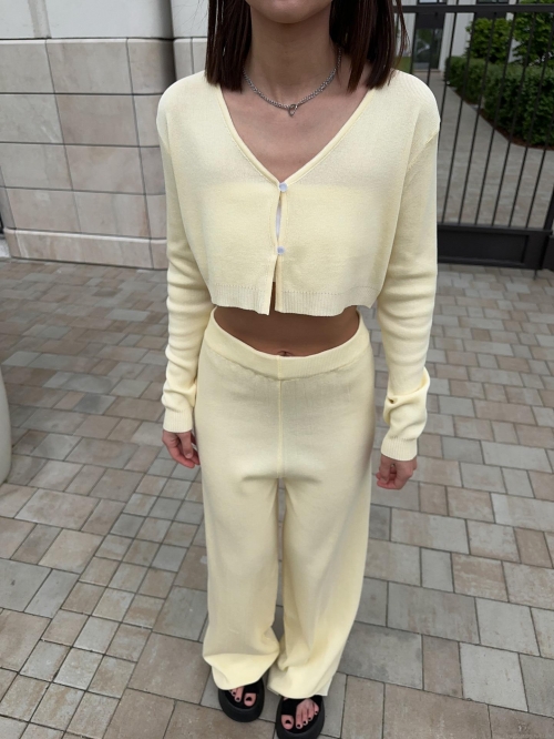 Women's Casual Knitted Two-Piece Set V-Neck Short Button Cardigan And High Waist Wide Leg Pants Solid Color Cotton Polyester Blend Long Sleeve Lounge Outfit