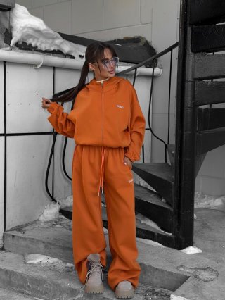 Women's Oversize Embroidered 100% Cotton Hoodie Set Orange Zip-Up Jacket and Drawstring Sweatpants Casual Tracksuit Streetwear Two-Piece Outfits