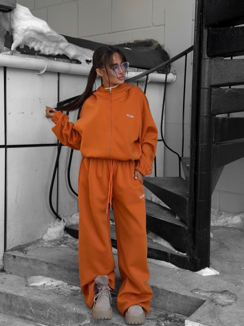 Women's Oversize Embroidered 100% Cotton Hoodie Set Orange Zip-Up Jacket and Drawstring Sweatpants Casual Tracksuit Streetwear Two-Piece Outfits