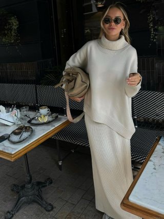 Women French Style Knitted 2 Piece Set Turtleneck Oversized Sweater And High Waist Straight Midi Skirt Solid Ribbed Fall Winter Soft Cotton Blend Skirt Outfits For Women