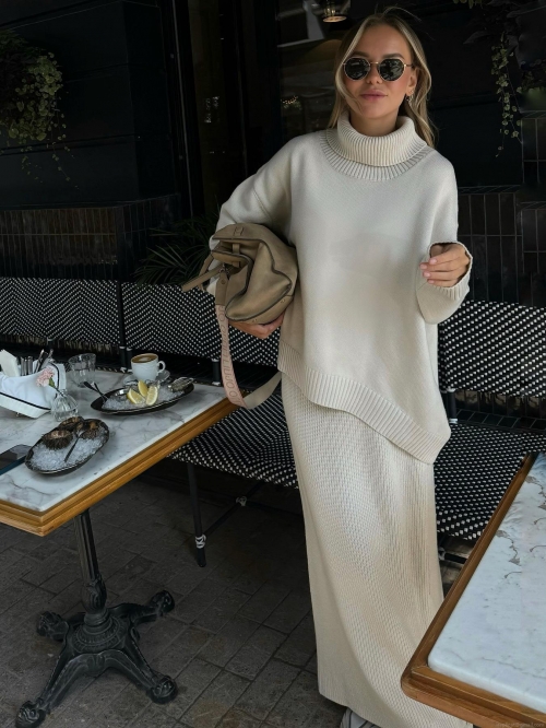 Women French Style Knitted 2 Piece Set Turtleneck Oversized Sweater And High Waist Straight Midi Skirt Solid Ribbed Fall Winter Soft Cotton Blend Skirt Outfits For Women