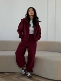 Women's Casual 100% Cotton Sweatshirt Set Zip-Up Hooded Jacket And High Waist Wide Leg Sweatpants Two-Piece Solid Color Loungewear Sporty Outfit