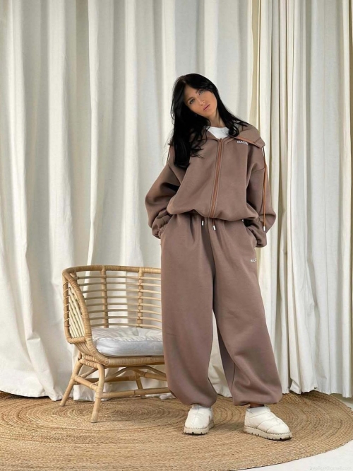 Women's Casual Oversized 100% Cotton Hoodie Set Zip Up Hooded Sweatshirt and Jogger Pants Maillard Brown Letter Print Autumn Winter Streetwear Two Piece Tracksuit Lounge Set