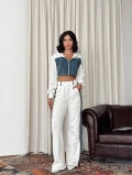 Women's Two Piece Sweatshirt Set 100% Cotton Patchwork Zip Up Crop Hoodie High Waisted Wide Leg Pants Casual Streetwear Tracksuit Autumn Fashion Outfits