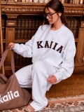 Women 100% Cotton Sweatshirt and Sweatpants Set American High Street KAIIA Towel Embroidery Round Neck Pullover Sporty Loose Fit Casual Two Piece Pants Suit