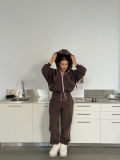 Women's Maillard Brown 100% Cotton Sweatshirt Two Piece Set Pink Piping Embroidery Zip Up Hooded Jacket And High Waist Jogger Pants Tracksuit Streetwear Outfits