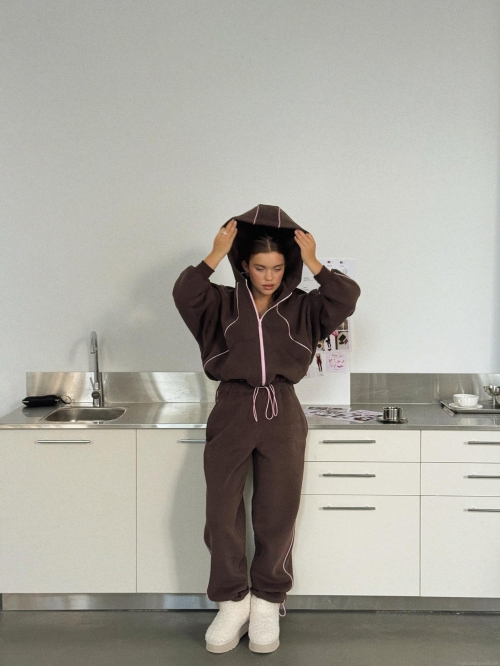 Women's Maillard Brown 100% Cotton Sweatshirt Two Piece Set Pink Piping Embroidery Zip Up Hooded Jacket And High Waist Jogger Pants Tracksuit Streetwear Outfits