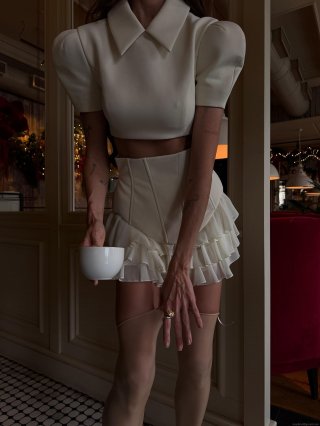 Women's 2 Piece Skirt Set Creamy White Puff Short Sleeve Lapel Crop Top And Layered Ruffle High Waist Mini Skirt Elegant Sexy Summer Streetwear Outfit
