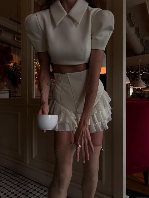 Women's 2 Piece Skirt Set Creamy White Puff Short Sleeve Lapel Crop Top And Layered Ruffle High Waist Mini Skirt Elegant Sexy Summer Streetwear Outfit