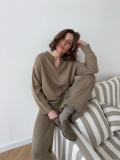 Women's Casual Solid Cotton Polyester Knit Cardigan And Wide-leg Pants Set Two-piece V-neck Long Sleeve Loose Knitted Sweatsuit Outfit Streetwear