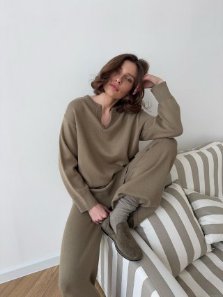 Women's Casual Solid Cotton Polyester Knit Cardigan And Wide-leg Pants Set Two-piece V-neck Long Sleeve Loose Knitted Sweatsuit Outfit Streetwear