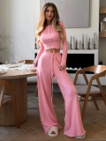 Women's Sexy Waffle Knit Lounge Set Heart Jacquard Long Sleeve Crop Top And High Waist Wide Leg Pants 2 Piece Casual Homewear Outfit For Ladies