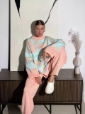 Women's Knitted Two-Piece Set Cotton Blend Contrast Color Jacquard Rabbit Pattern Long Sleeve Round Neck Sweater And Straight Leg Pants Casual Warm Loungewear Outfit