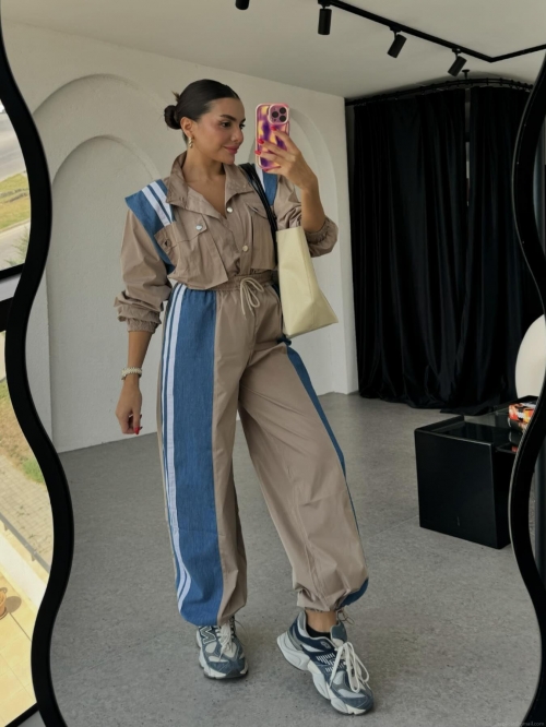 Women's Casual 2 Piece Cargo Pants Set Denim Patchwork Striped Long Sleeve Jacket And Straight Leg Trousers Streetwear Outfit