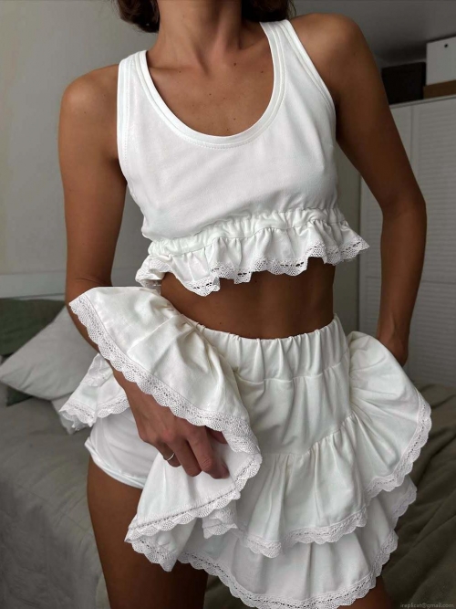 Women's 2-Piece Summer Set Cropped Sleeveless Tank Top and Tiered Ruffle Mini Skirt with Lace Trim 100% Cotton Streetwear Vacation Outfit