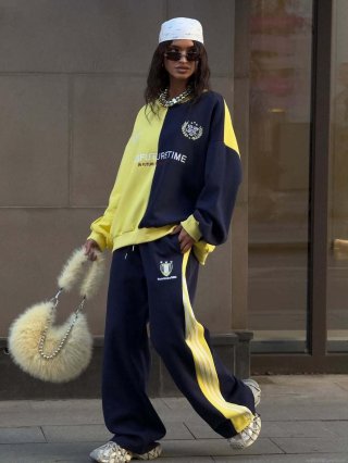 Women's Streetwear Contrast Color Block Hoodie Sweats Two-Piece Set Cotton Blend Loose Autumn Sport Casual Jogger Outfit Long Sleeve Top And Pants