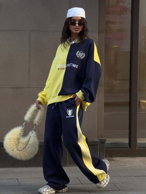 Women's Streetwear Contrast Color Block Hoodie Sweats Two-Piece Set Cotton Blend Loose Autumn Sport Casual Jogger Outfit Long Sleeve Top And Pants