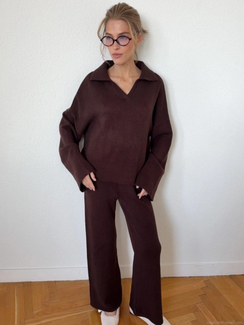 Women's 2 Piece Knit Set Long Sleeve Polo V-Neck Sweater And Wide Leg Pants Coffee Cotton Blend Casual Loose Autumn Winter Loungewear Tracksuit
