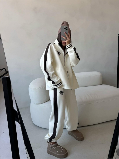 Women's 2 Piece Casual Tracksuit Set Half Zip Color Block Patchwork Sweatshirt and Straight Leg Pants With Side Stripes Bear Embroidery Sportsuit