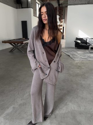 Women's Retro Knit 2 Piece Set Cotton Blend V-Neck Cardigan Sweater And Wide Leg Pants Set Casual Loungewear Outfit For Autumn Winter