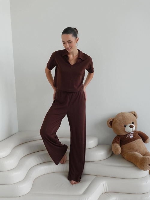 Women's Casual Knit Two Piece Set Polo V Neck Short Sleeve Crop Top And High Waist Wide Leg Pants Lounge Wear Suit For Women