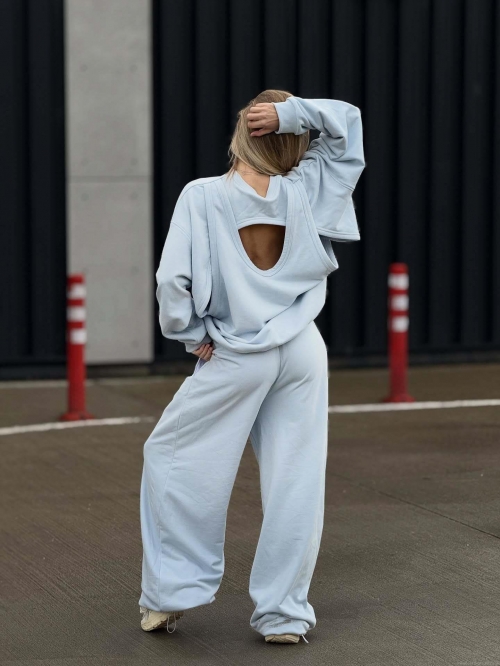 Women's Casual Two Piece Set Backless Hollow Out Design Long Sleeve Sweatshirt And High Waist Wide Leg Long Pants Streetwear Loose Fit Tracksuit Light Blue Outfit