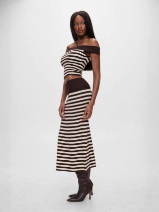 Women's Chic Striped Off-The-Shoulder Knit 2 Piece Set Elegant Slim Fit Crop Top And High Waist Bodycon Maxi Skirt Casual Streetwear Outfits