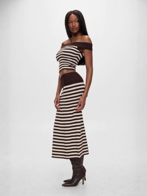 Women's Chic Striped Off-The-Shoulder Knit 2 Piece Set Elegant Slim Fit Crop Top And High Waist Bodycon Maxi Skirt Casual Streetwear Outfits