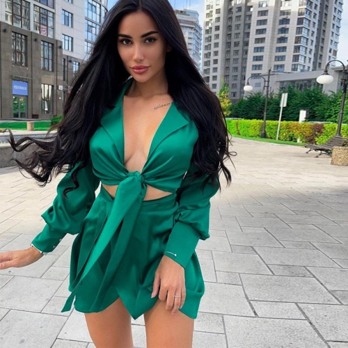 Women's Sexy Satin Two-Piece Skirt Set Lace-Up Long Sleeve Crop Top and Side Split Mini Skirt Elegant Solid Color Streetwear Clubwear Outfit