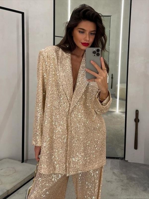 Women's Luxury Sequin Blazer and Pants Set Sparkly Two Piece Suit Long Sleeve Notched Lapel Coat and Wide Leg Trousers for Evening Party Banquet Wedding Elegant Sequin Outfits