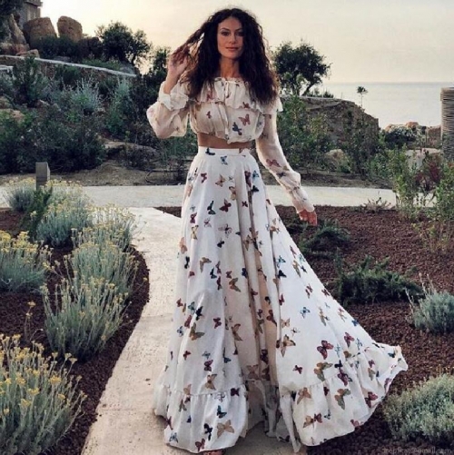 Women's Bohemian Butterfly Print 2-piece Set Off-shoulder Ruffle Crop Top And Large Swing Maxi Skirt Chiffon Long Sleeve Beach Vacation Elegant Outfits