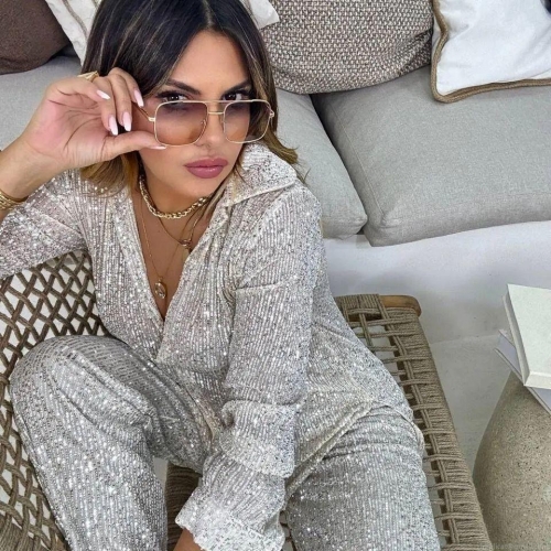 Women's Fashion Elegant Sequin Two Piece Set Glitter V Neck Long Sleeve Shirt And Wide Leg Pants Suits For Party Evening Clubwear Ladies Polyester Outfits