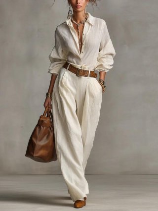 Women Elegant Two Piece Set Long Sleeve Button Down Shirt and High Waist Wide Leg Pants Casual Cotton Linen Look Suit Solid Color Outfits