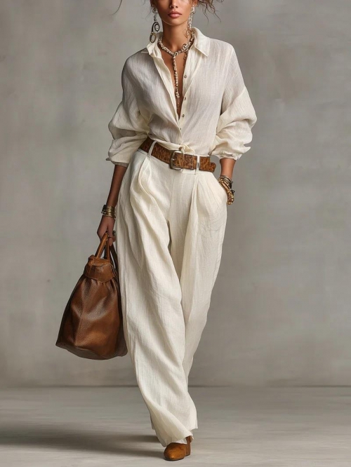 Women Elegant Two Piece Set Long Sleeve Button Down Shirt and High Waist Wide Leg Pants Casual Cotton Linen Look Suit Solid Color Outfits