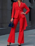 Womens Red Blazer Suit Set 100-Percent Polyester One Button Slim Fit Waist Tie Blazer with High Waist Flare Trousers Professional Office Party Wear