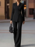 Women's Professional Business Blazer Pant Suit Set Slim Fit Long Sleeve Jacket with Wide Leg Trousers Two-Piece Office Lady Commuter Wear Suit