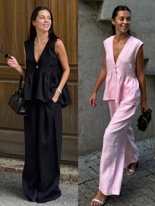 Women's 2 Piece Summer Outfits Sleeveless V Neck Ruffle Hem Top And High Waist Wide Leg Pants Set Solid Color Casual Elegant Tracksuit For Women Vacation Beach Wear