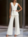 Elegant Two Piece Outfits For Women V Neck Sleeveless Waist Cinching Top And High Waist Wide Leg Long Pants Solid White Cotton Blend Commuter Fashion Sets