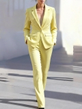 Women Elegant Light Yellow 2-Piece Blazer Suit Set Slim Fit Notched Lapel Single Button Blazer with Straight Leg Pants Office Business Commuting Lady Outfit