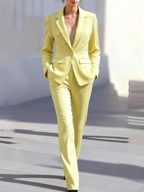 Women Elegant Light Yellow 2-Piece Blazer Suit Set Slim Fit Notched Lapel Single Button Blazer with Straight Leg Pants Office Business Commuting Lady Outfit