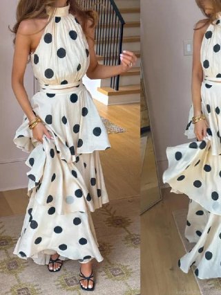 Women Sexy Polka Dot Print Halter Sleeveless Crop Top and Multi-Layer Tiered Cake Maxi Skirt Two Piece Set Elegant Summer Banquet Party Outfit