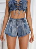 Women Sexy Denim 2 Piece Set Washed Blue Halter Neck Lace Up Crop Top And High Waist Pleated Shorts Skirt With Raw Hem Y2K Streetwear Summer Outfits