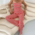 Women Sexy Red White Stripe Knit 2 Piece Set Backless Tube Top And High Waist Wide Leg Pants Casual Summer Vacation Beach Outfits