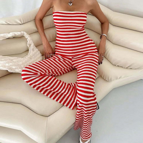 Women Sexy Red White Stripe Knit 2 Piece Set Backless Tube Top And High Waist Wide Leg Pants Casual Summer Vacation Beach Outfits